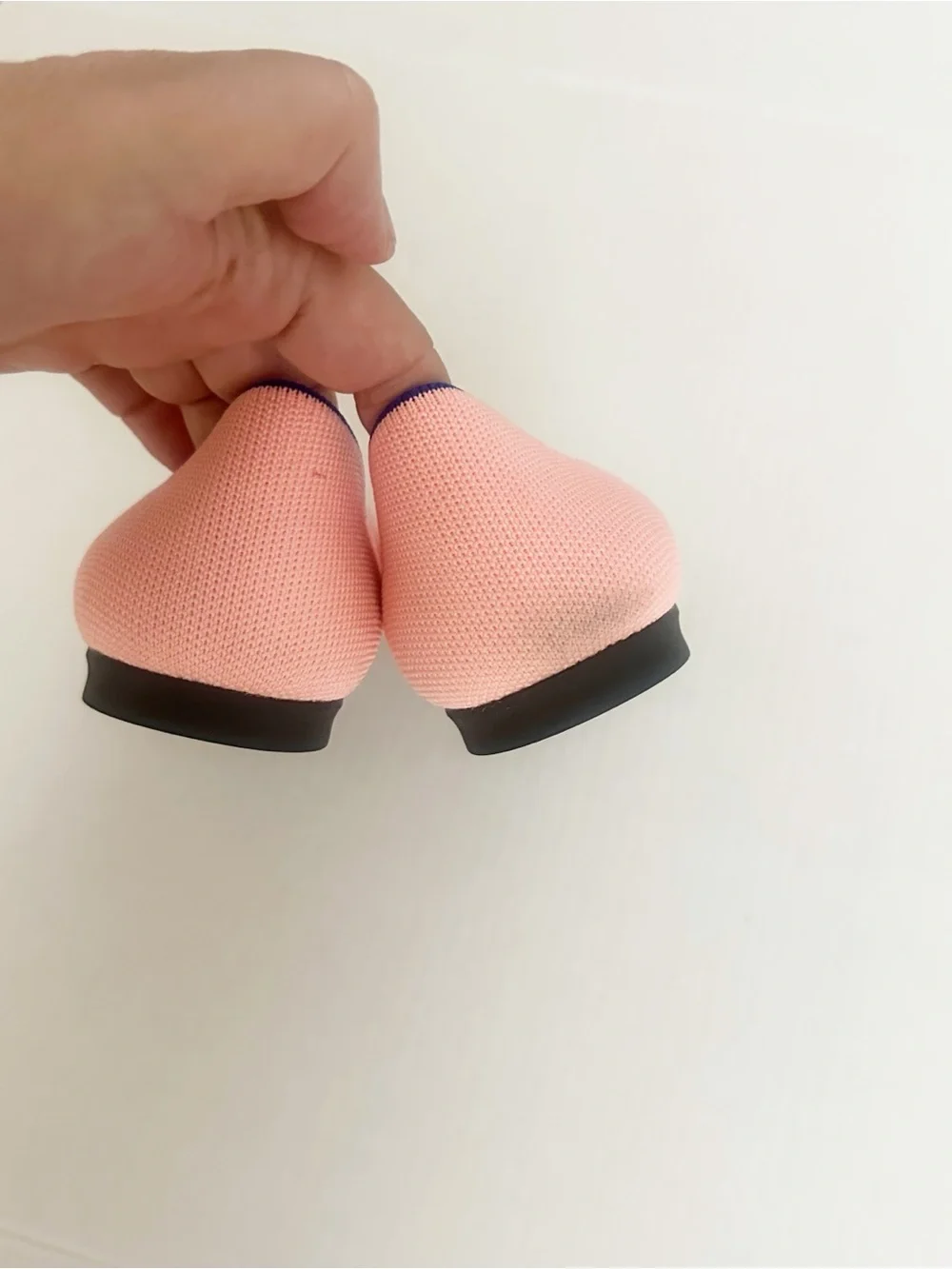 Rothy's Point ll Coral (Carnation) Pointed Knit Slip-Ons with Blue Heel Trim